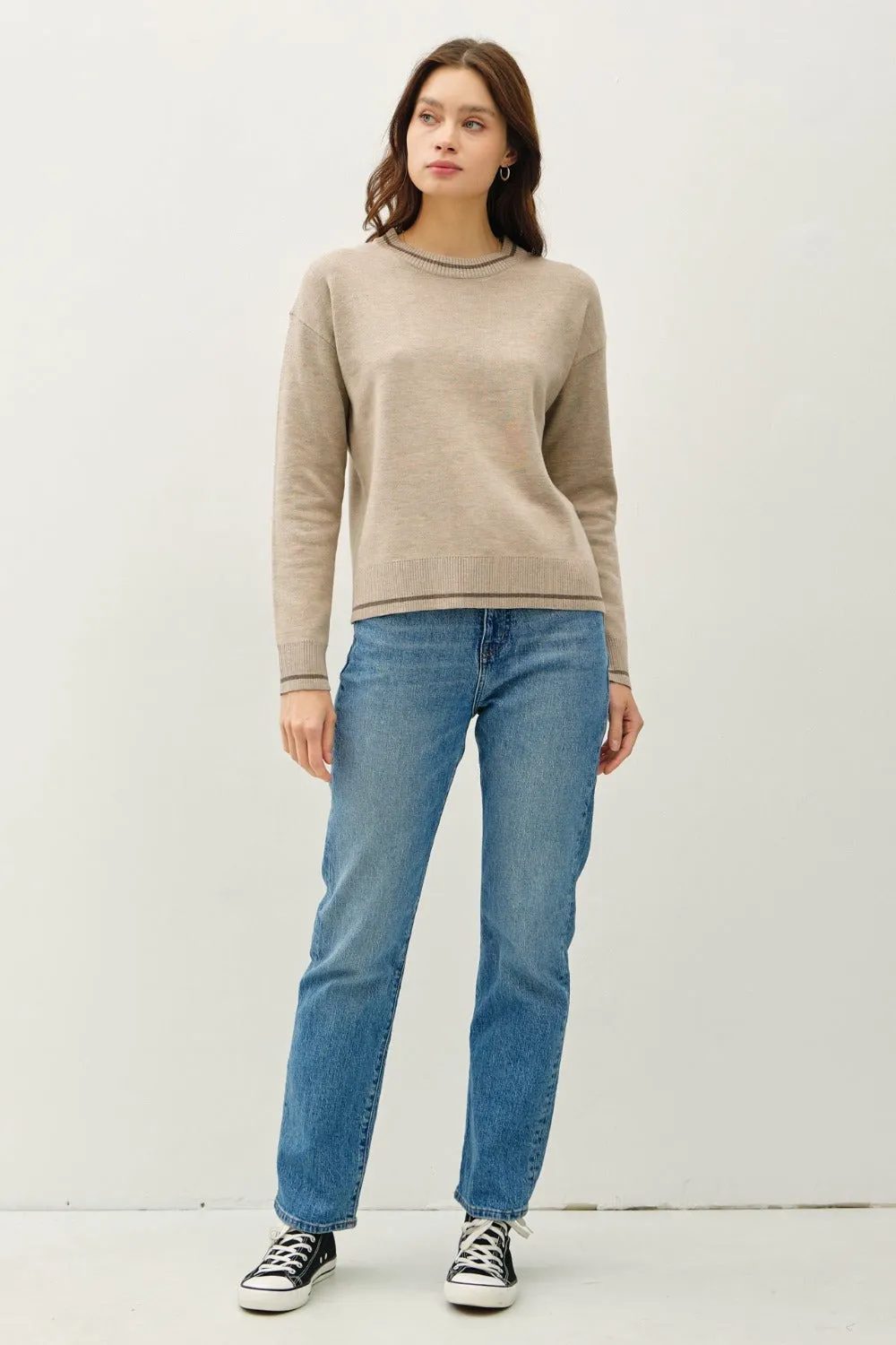 Striped Trim Round Neck Long Sleeve Sweater