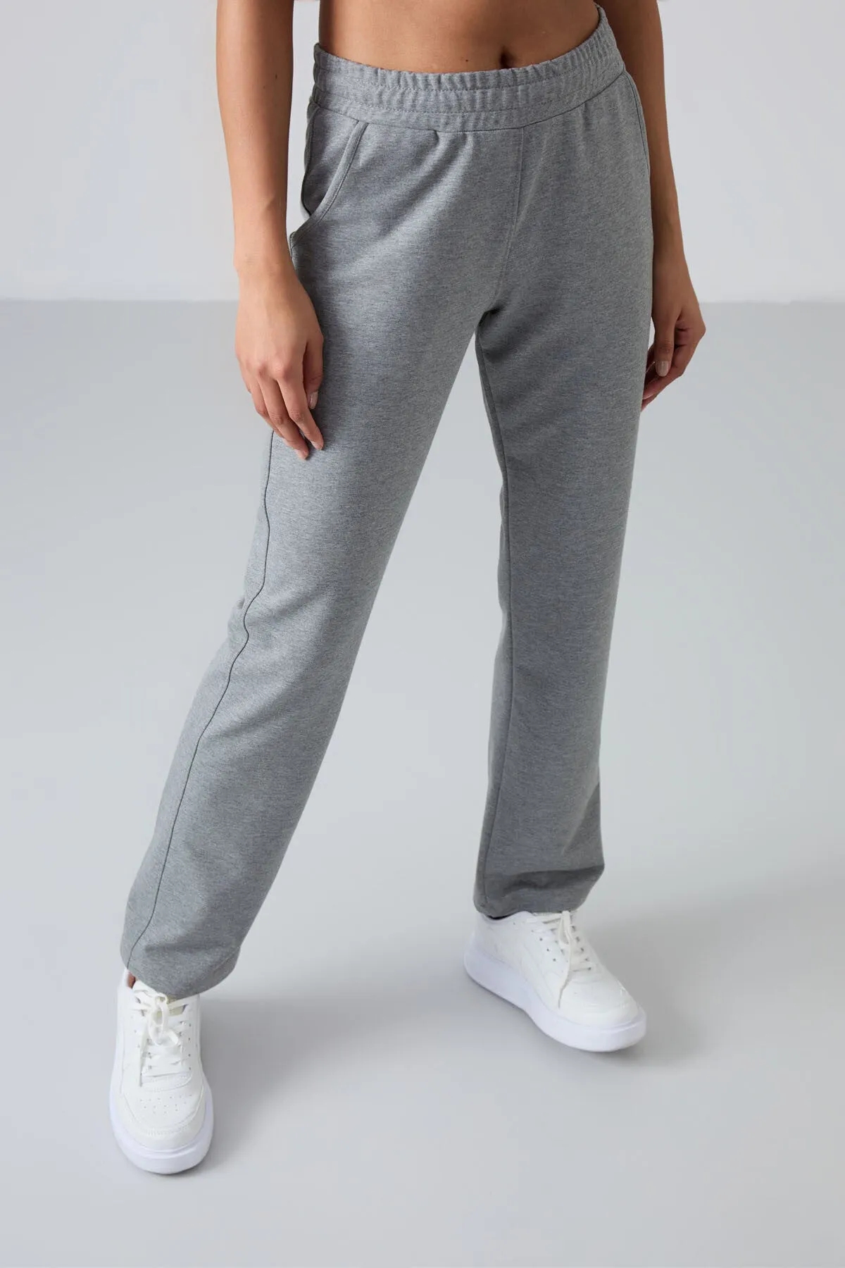 TMY Gray Melange High Waist Pocketed Comfort Fit Classic Leg Women's Sweatpants - 94584 - Avilés
