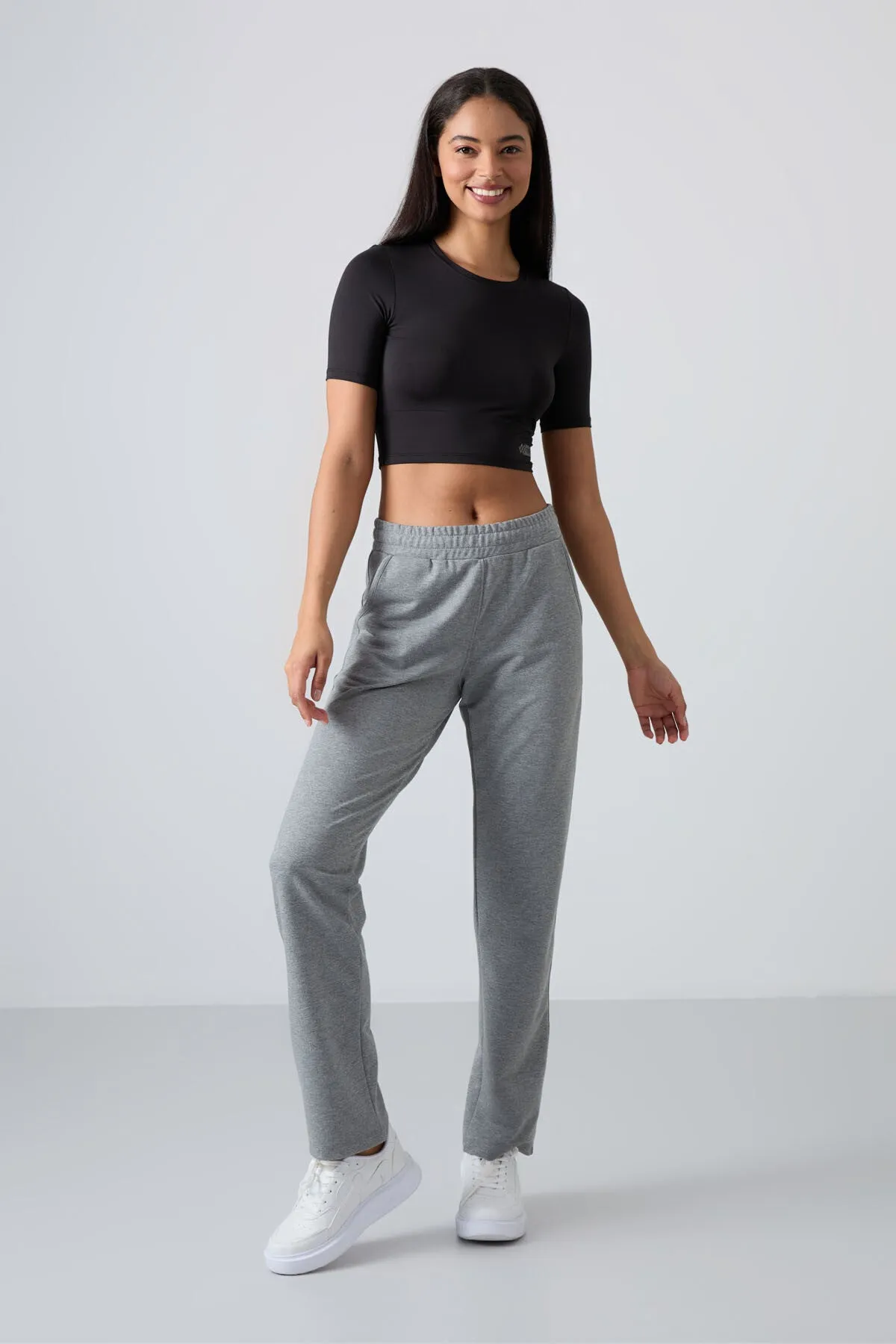 TMY Gray Melange High Waist Pocketed Comfort Fit Classic Leg Women's Sweatpants - 94584 - Avilés