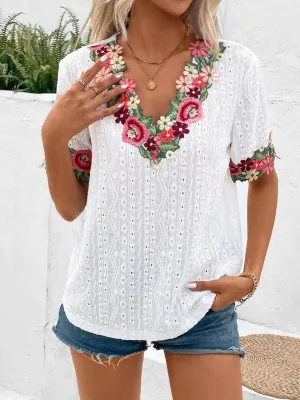 Vibrant Blooms Floral Embroidered Eyelet Blouse