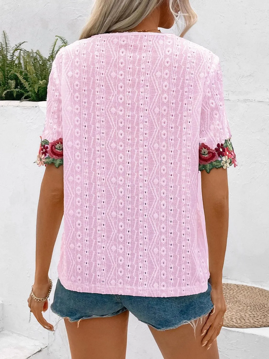 Vibrant Blooms Floral Embroidered Eyelet Blouse