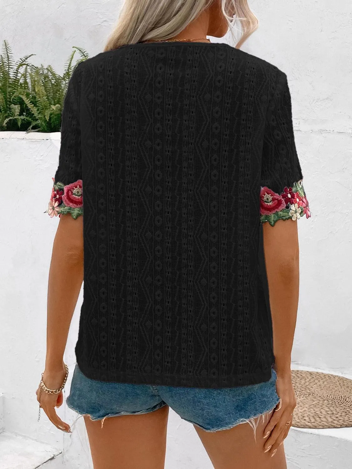 Vibrant Blooms Floral Embroidered Eyelet Blouse