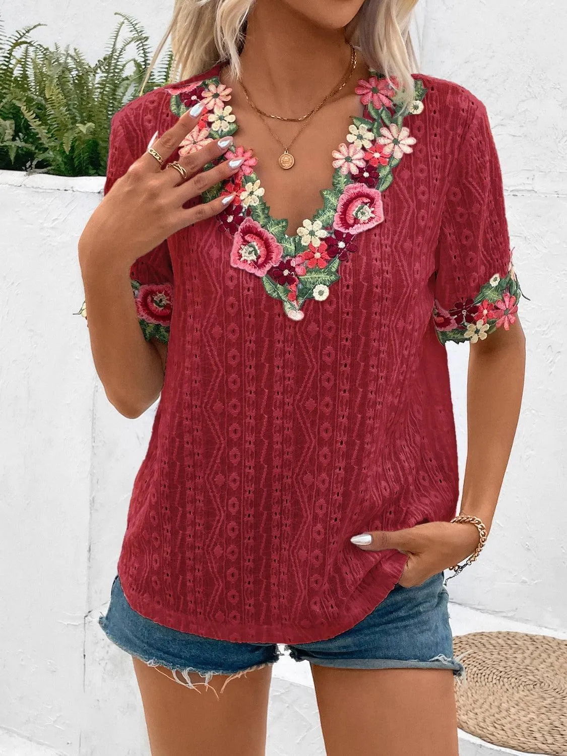 Vibrant Blooms Floral Embroidered Eyelet Blouse