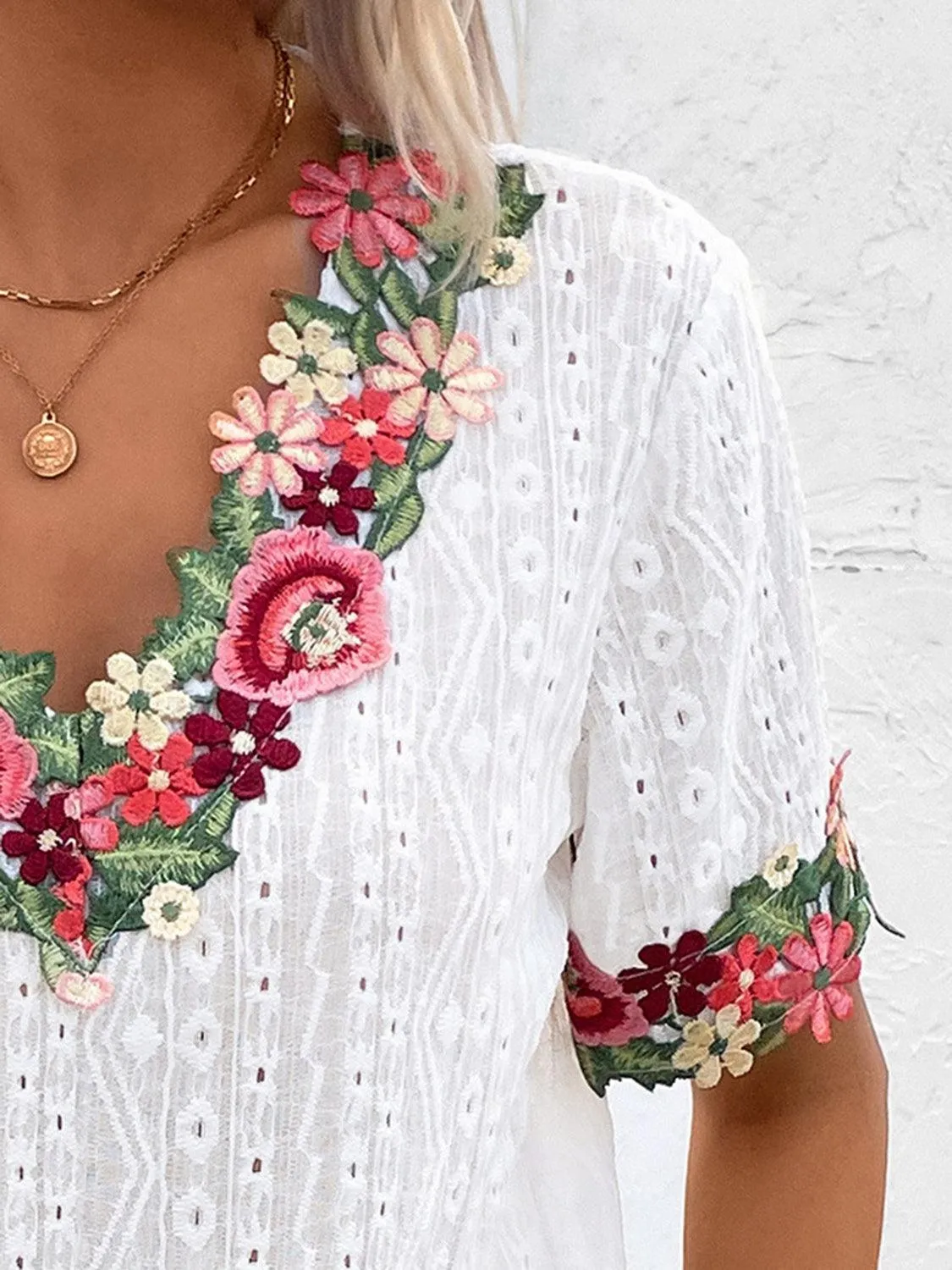 Vibrant Blooms Floral Embroidered Eyelet Blouse