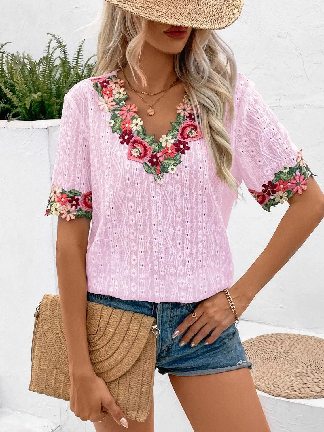 Vibrant Blooms Floral Embroidered Eyelet Blouse