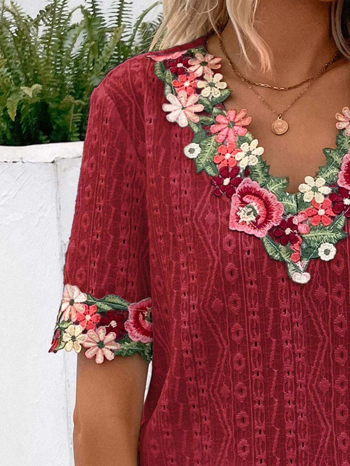 Vibrant Blooms Floral Embroidered Eyelet Blouse
