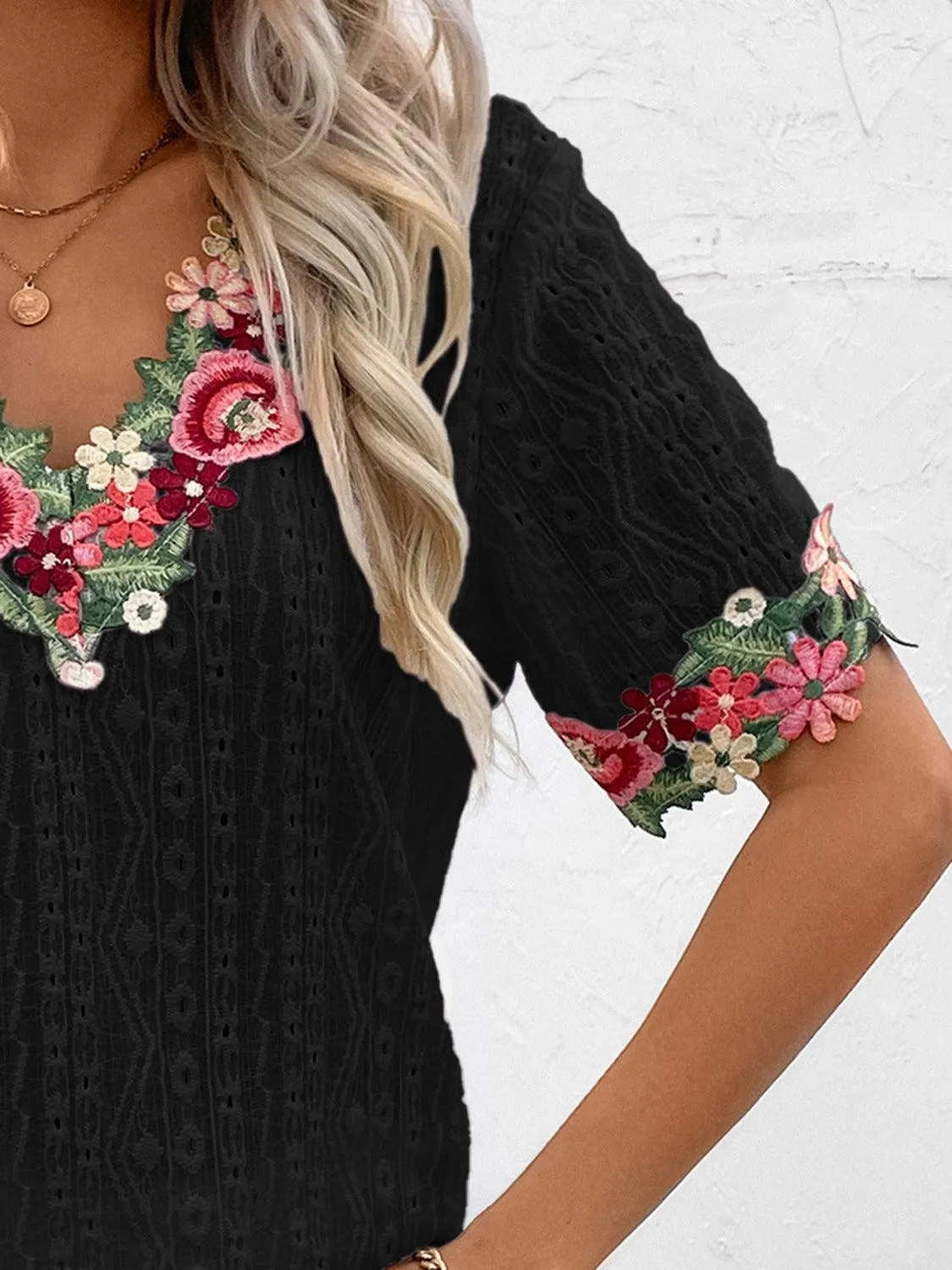 Vibrant Blooms Floral Embroidered Eyelet Blouse