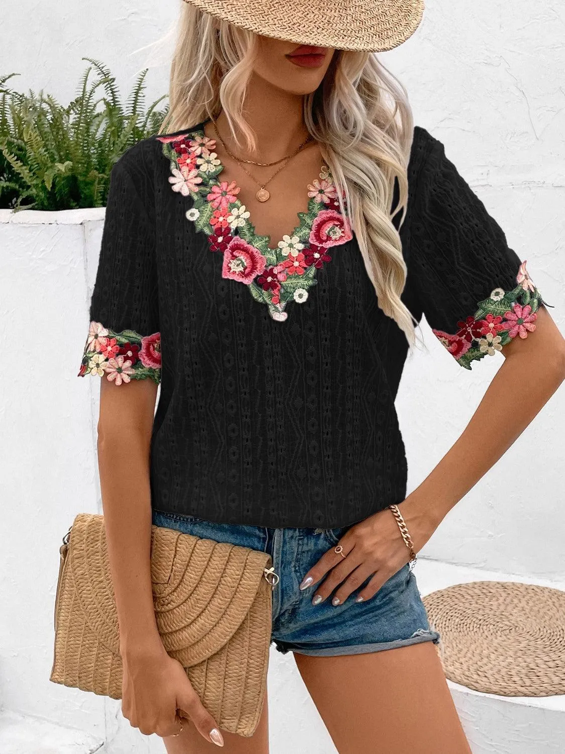 Vibrant Blooms Floral Embroidered Eyelet Blouse