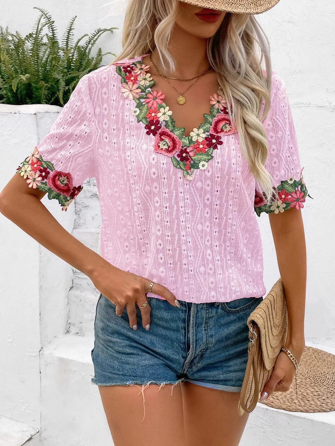 Vibrant Blooms Floral Embroidered Eyelet Blouse