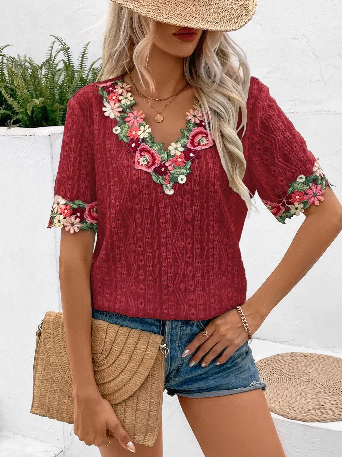 Vibrant Blooms Floral Embroidered Eyelet Blouse