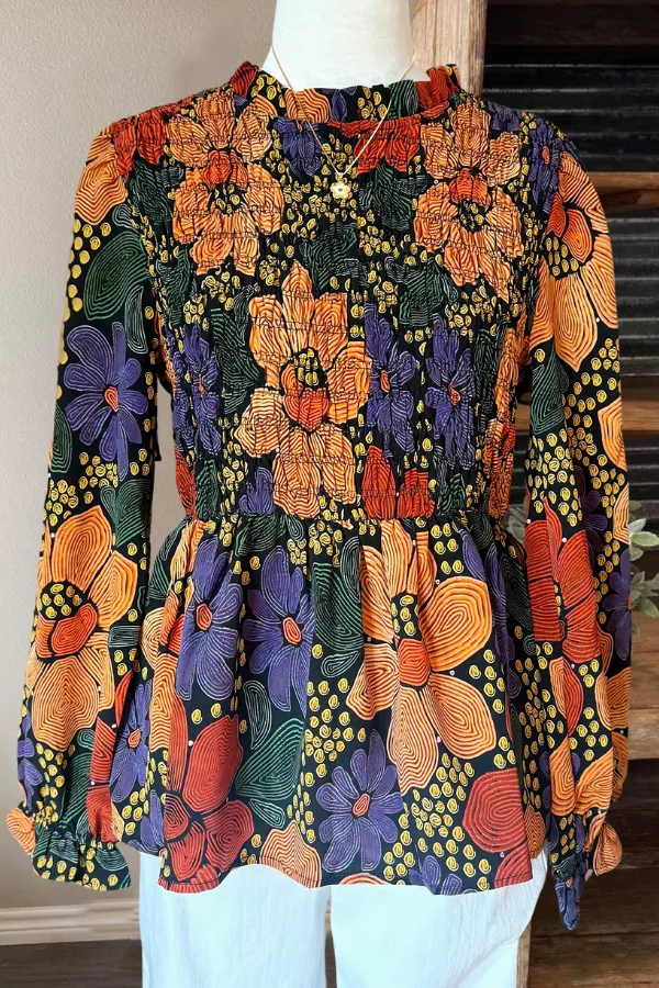 Vibrant Floral Ruffled Pleated Top