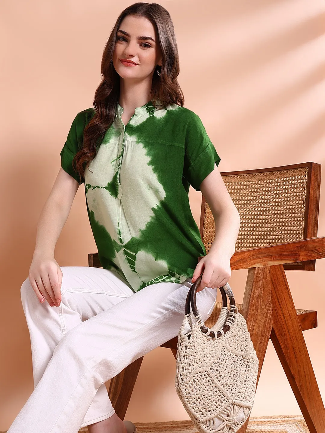 Vibrant Green Tie-Dye Everywhere Top In Soft Rayon