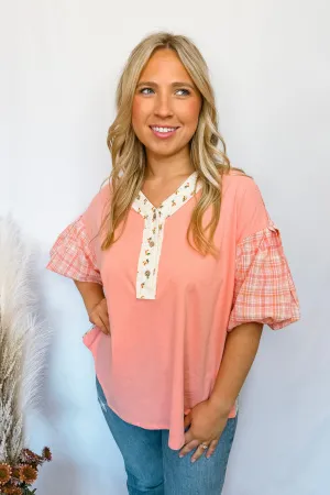 Vibrant Vibes Mixed Henley Top - Coral