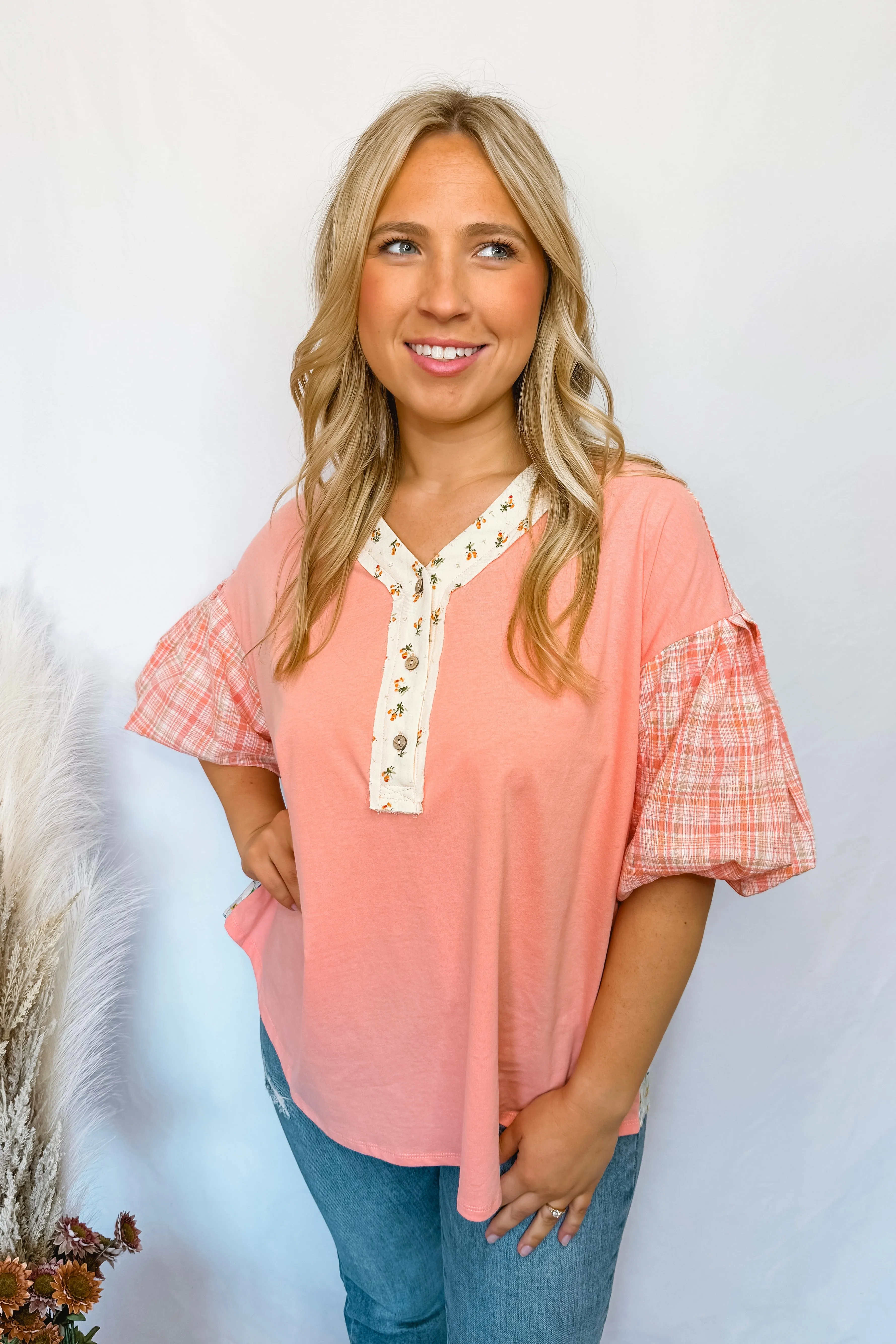 Vibrant Vibes Mixed Henley Top - Coral