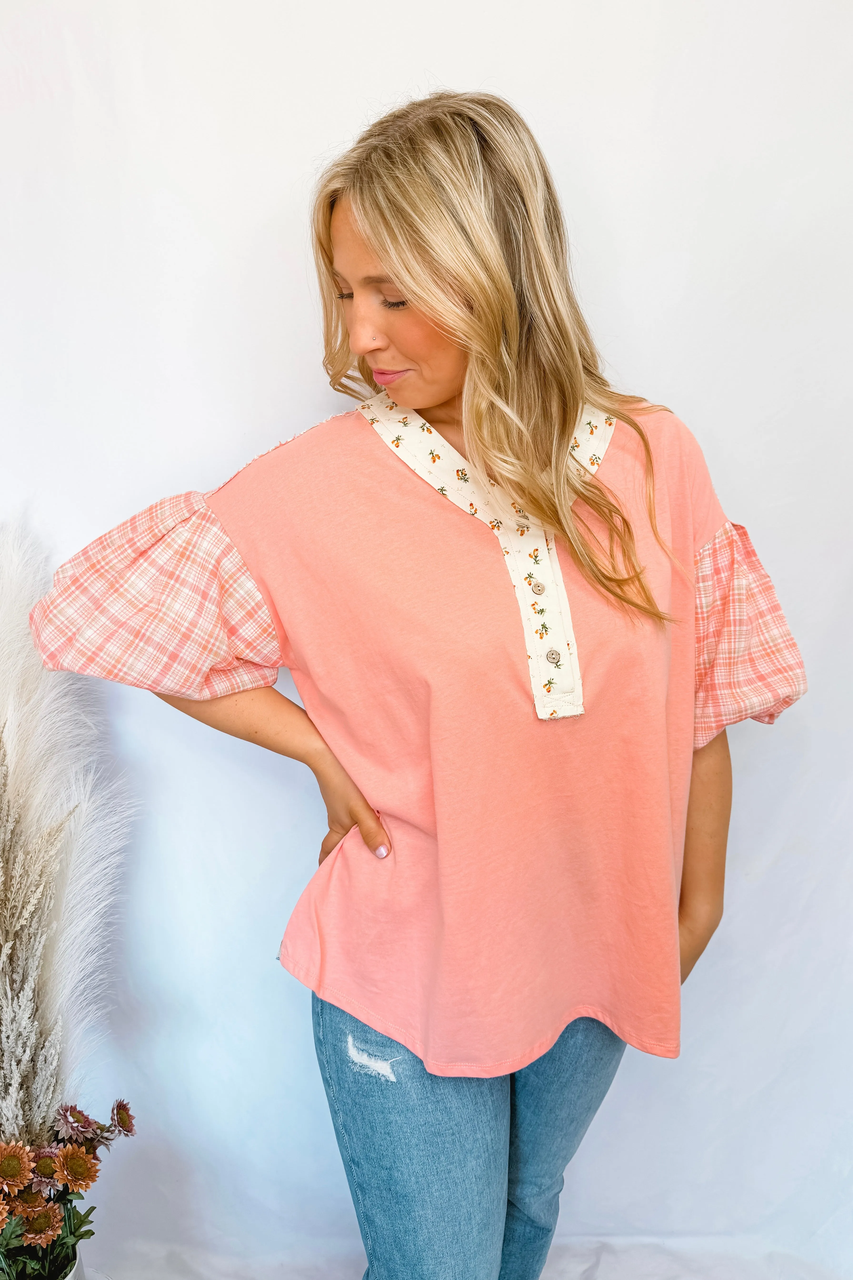 Vibrant Vibes Mixed Henley Top - Coral