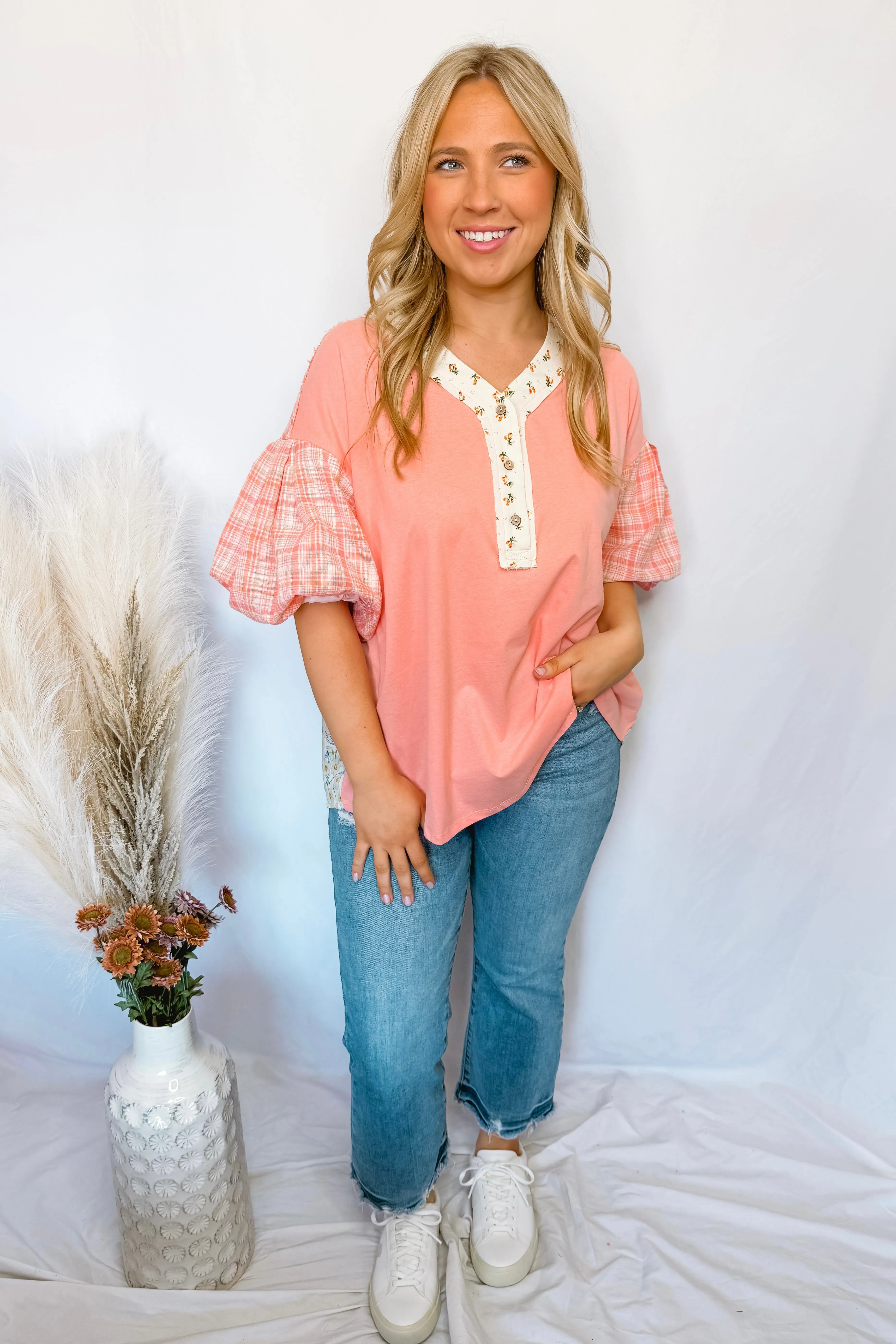 Vibrant Vibes Mixed Henley Top - Coral