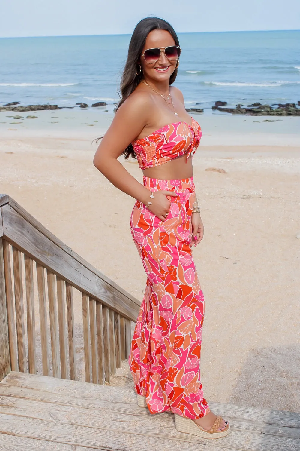 Vibrant Vibes Tie Front Bandeau Top - Coral Multi