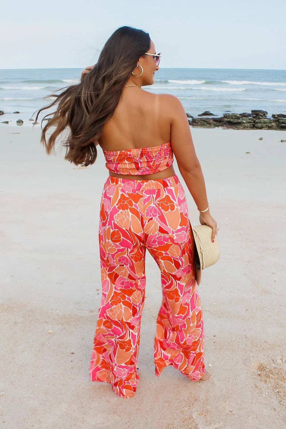 Vibrant Vibes Tie Front Bandeau Top - Coral Multi