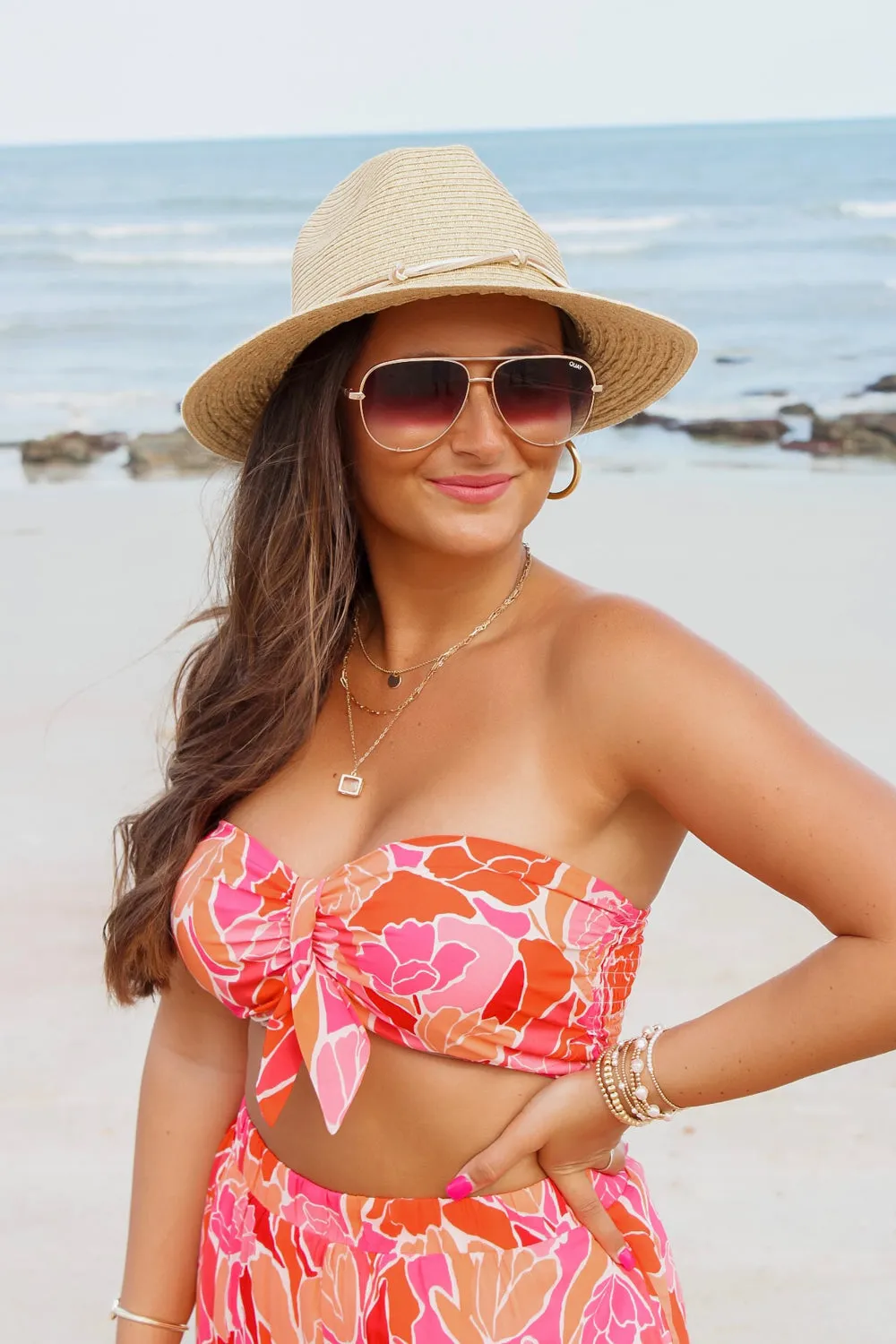 Vibrant Vibes Tie Front Bandeau Top - Coral Multi