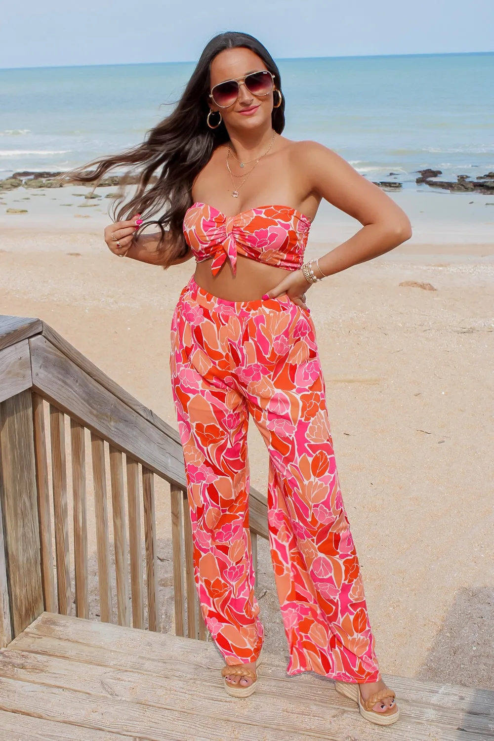 Vibrant Vibes Tie Front Bandeau Top - Coral Multi