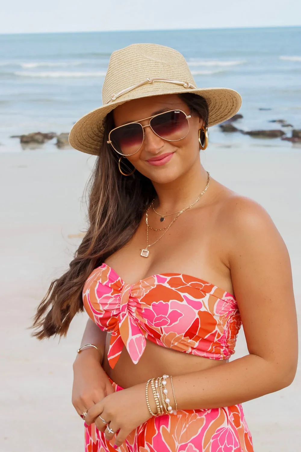 Vibrant Vibes Tie Front Bandeau Top - Coral Multi