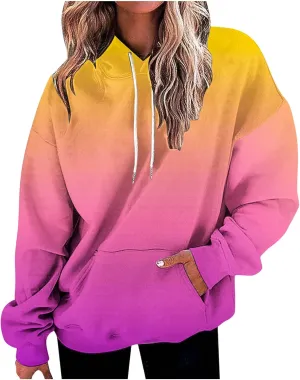 Women's Oversized Gradient Hooded Sweatshirts Loose Long Sleeve Hoodie Fleece Pullover Tops with Pocket