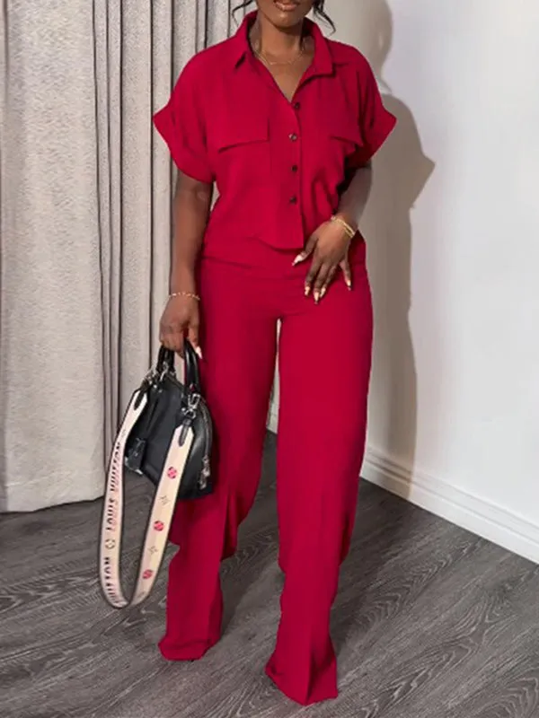 Wrap Buttoned Pockets Solid Color Shirts Tops&Pants Two Pieces Set
