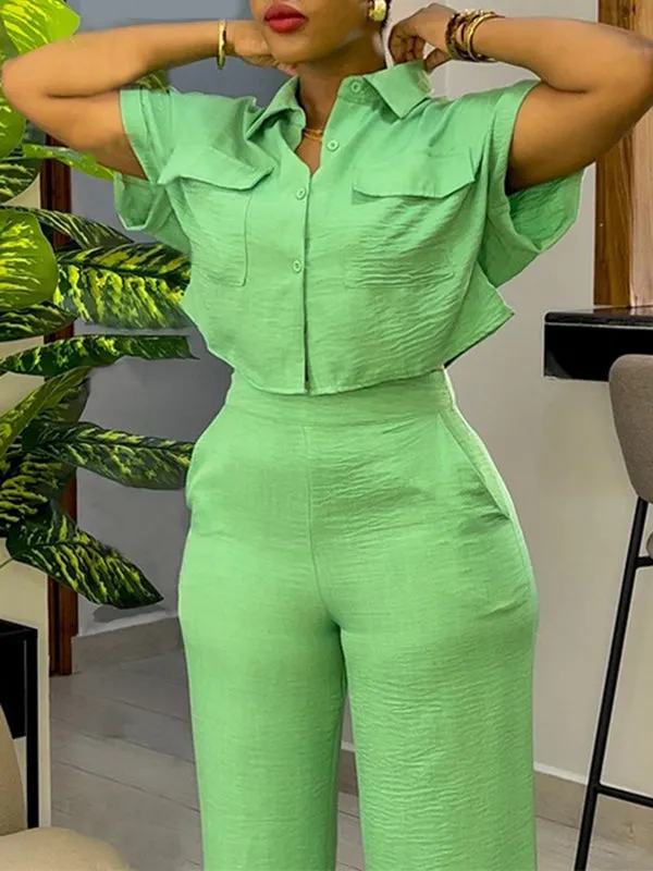 Wrap Buttoned Pockets Solid Color Shirts Tops&Pants Two Pieces Set