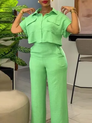 Wrap Buttoned Pockets Solid Color Shirts Tops&Pants Two Pieces Set