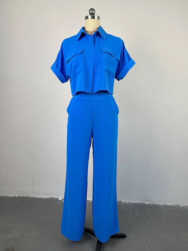 Wrap Buttoned Pockets Solid Color Shirts Tops&Pants Two Pieces Set