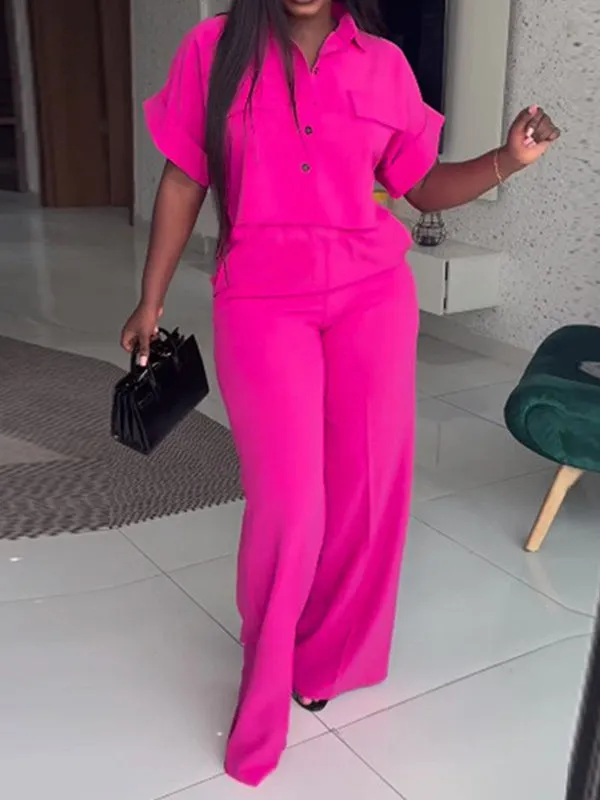 Wrap Buttoned Pockets Solid Color Shirts Tops&Pants Two Pieces Set