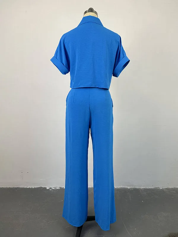 Wrap Buttoned Pockets Solid Color Shirts Tops&Pants Two Pieces Set