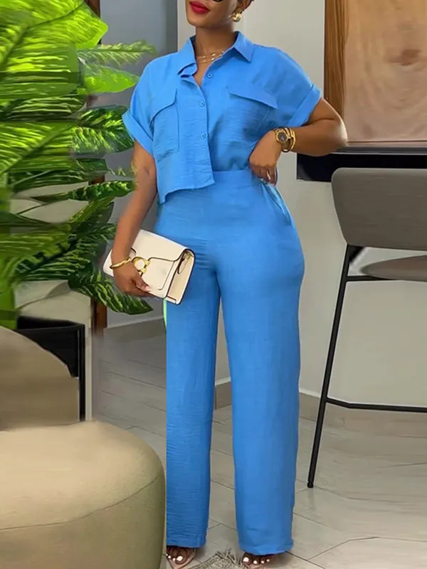 Wrap Buttoned Pockets Solid Color Shirts Tops&Pants Two Pieces Set