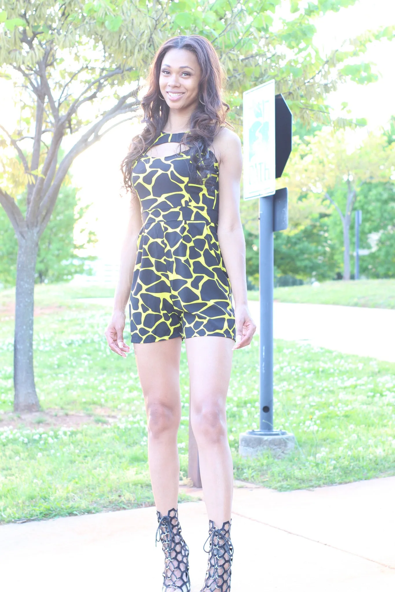 Yellow Print Cutout Playsuit