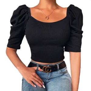 YESFASHION Women Women Simple Square Neck Puff Sleeve Tops