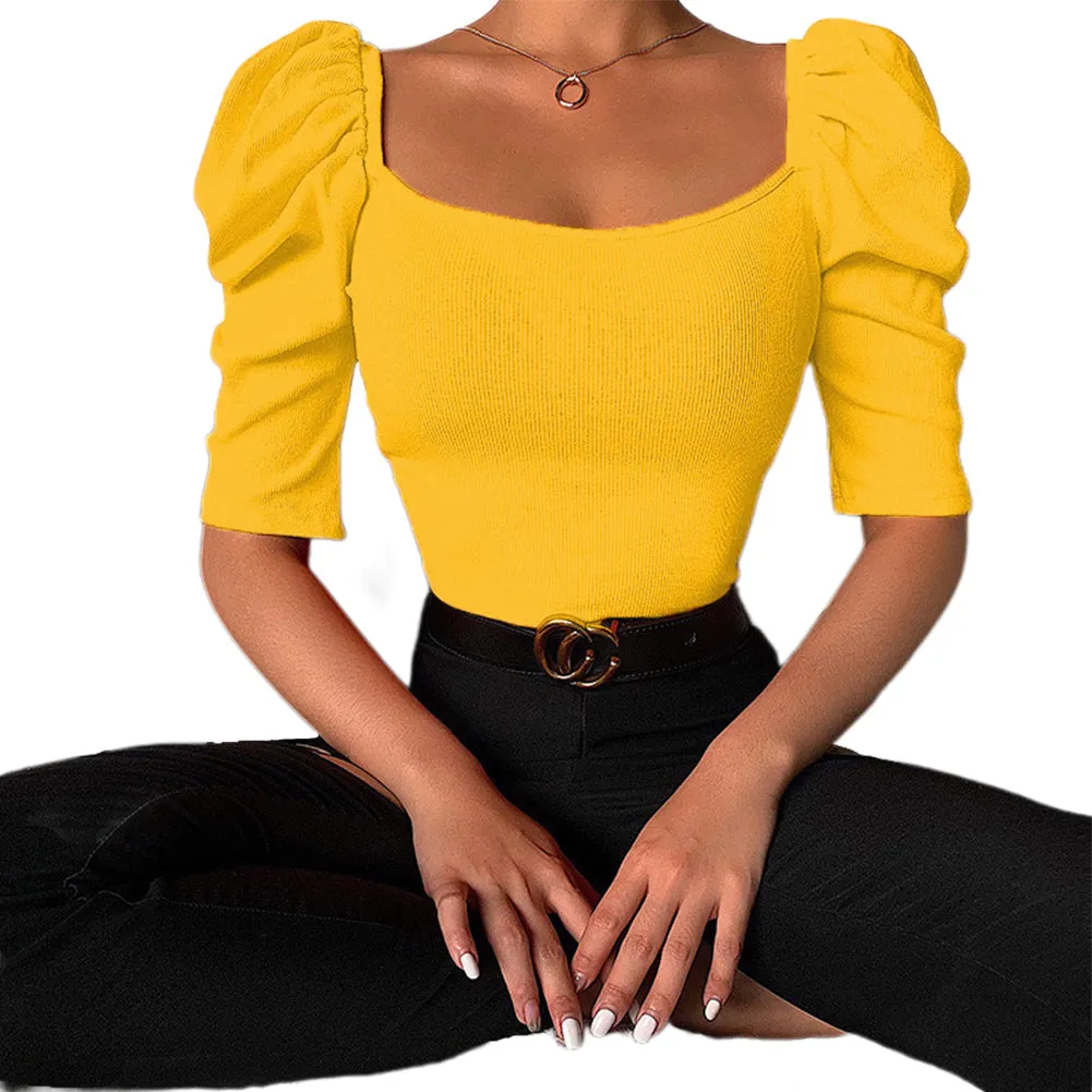 YESFASHION Women Women Simple Square Neck Puff Sleeve Tops